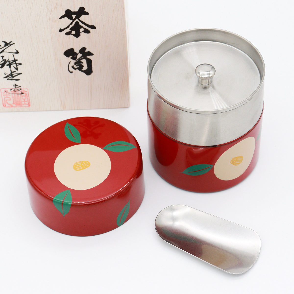 Korindo Echizen: Urushi Tea Canister Aka-Tsubaki - 光琳堂 越前漆器: うるし茶筒「朱椿」