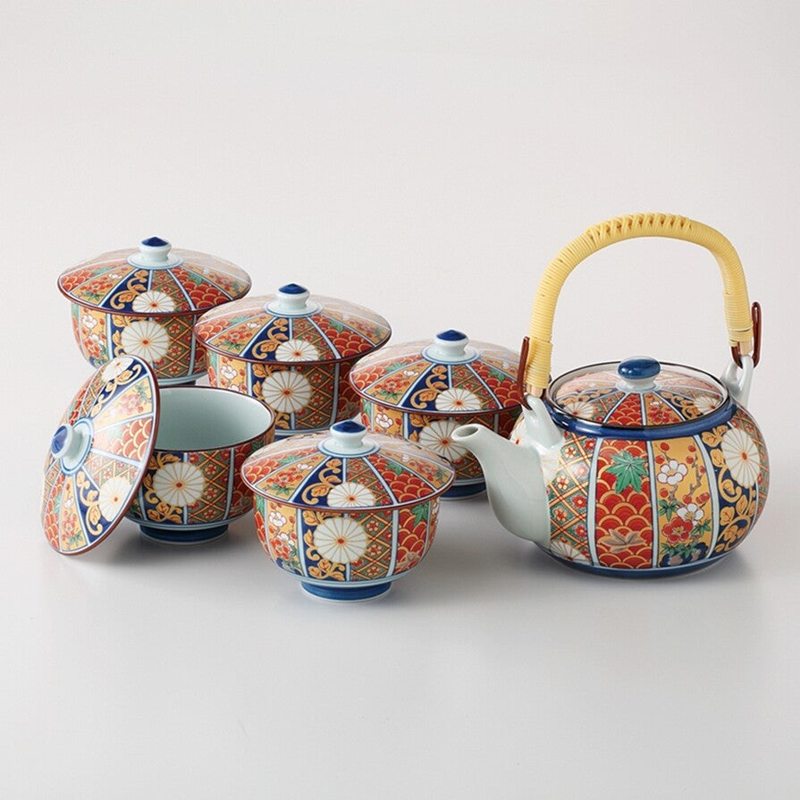 Saikai Ceramics: Traditional Porcelain Imariyaki Dobin Kyusu Set - Tea Pot + Five Tea Cups with Lid