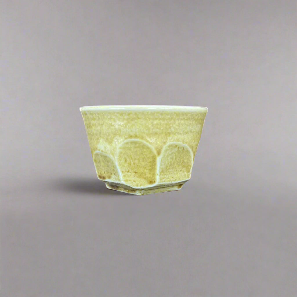 Seiangama: Carved Design Mino-yaki Guinomi Cup 5 Piece Set with Wooden Box 削ぎ五様ぐい呑揃