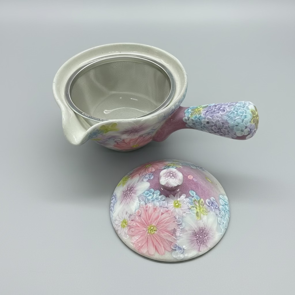 Yuzuriha Studio: Handmade Tea serving set - Tea pot and 2 cups - Handwritten floral pattern Light Purple