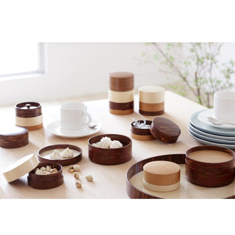 Fujiki Denshiro: Wazutsu Series Kabazaiku Tea Canisters, 4-color Walnut 輪筒4色 茶筒 くるみ - Yunomi.life