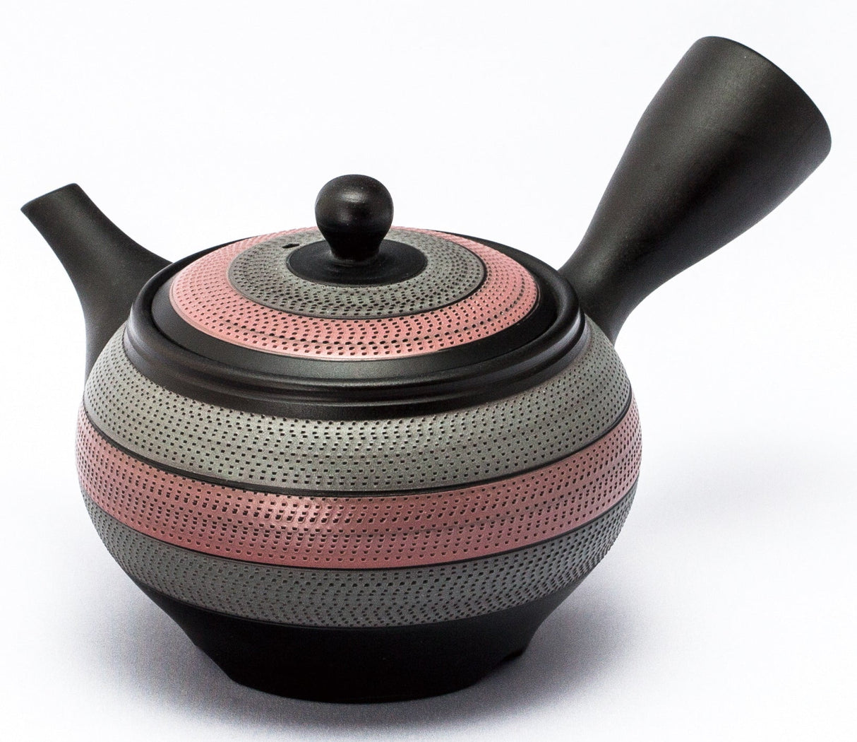 Koizumi: Left-handed Silver & Pink Striped Tokoname Kyusu Tea Pot by Kiln Tosei, 330 ml, 8-193 【陶聖】2色ルレット左手急須 - Yunomi.life