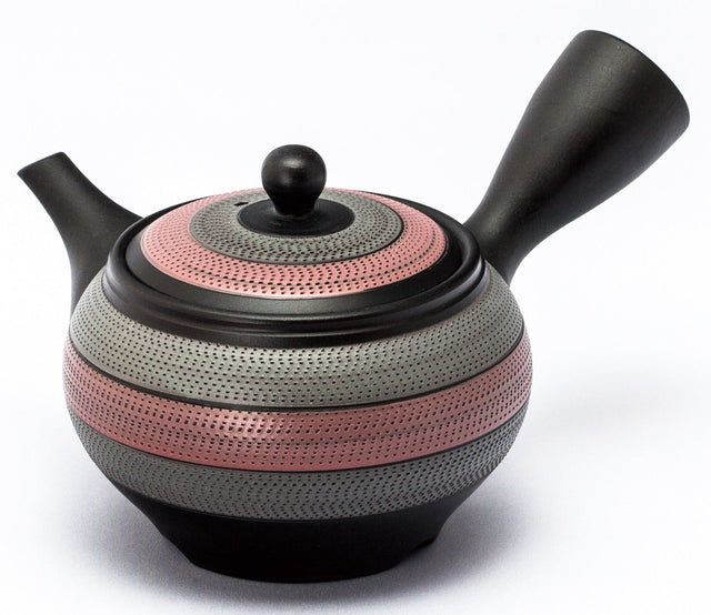 Koizumi: Left-handed Silver & Pink Striped Tokoname Kyusu Tea Pot by Kiln Tosei, 330 ml, 8-193 【陶聖】2色ルレット左手急須 - Yunomi.life