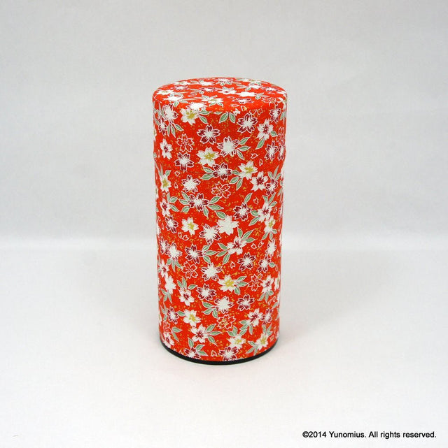 Okumura Seikan 774: Tea Canister, Chiyogami Washi Paper - Sakura Red (size for 175g sencha) - Yunomi.life