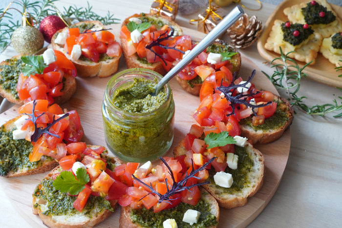 Platter of bruschetta with green tea pesto, recipe by yunomi.life