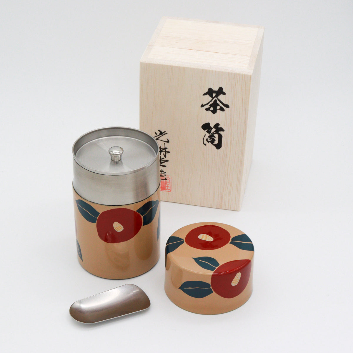 Korindo Echizen: Urushi Tea Canister Shiro-Tsubaki - 光琳堂 越前漆器: うるし茶筒「白椿」
