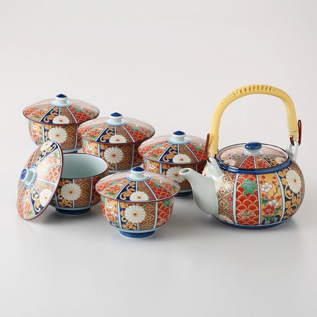 Saikai Ceramics: Traditional Porcelain Imariyaki Dobin Kyusu Set - Tea Pot + Five Tea Cups with Lid