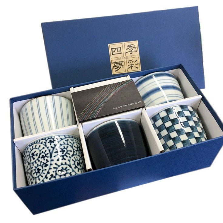 Saikai Ceramics: 5-piece Aritayaki Soba Cup Set, Indigo Design Series - Yunomi.life